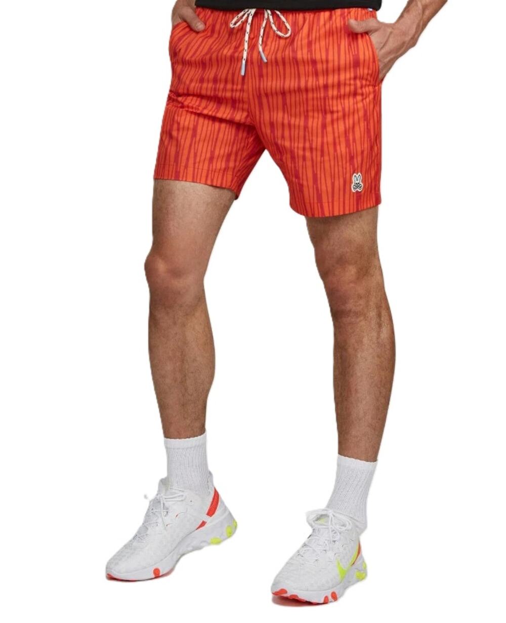 Psycho Bunny Mens 5" Durdar Striped Drawcord Waist Swim Trunks Red Size Small